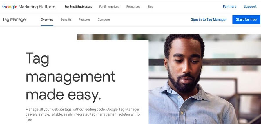 The Google Tag Manager home page.