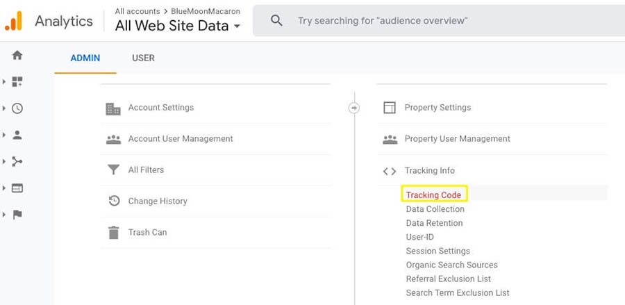 Locating your Google Analytics tracking code.