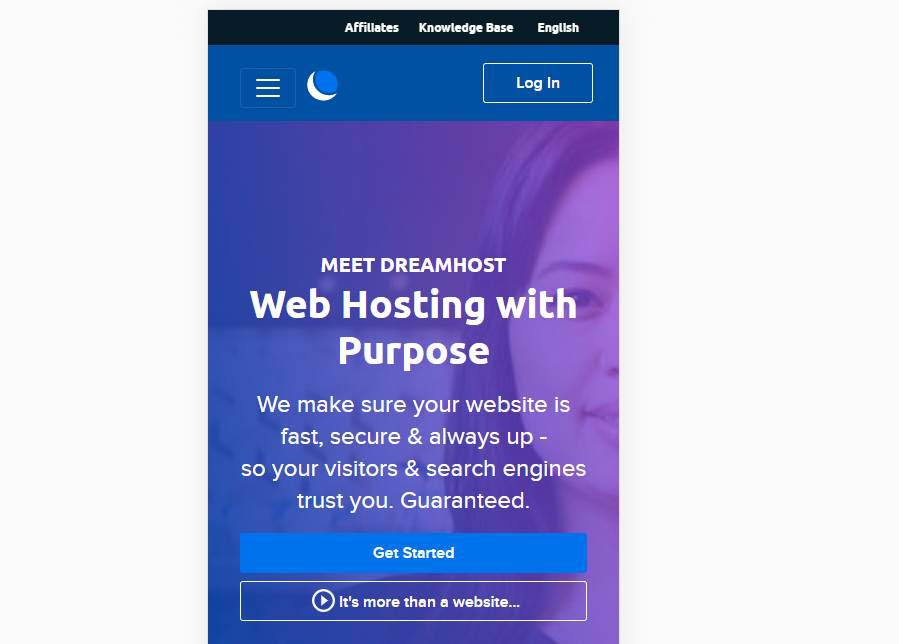 DreamHost’s home page on a mobile device.